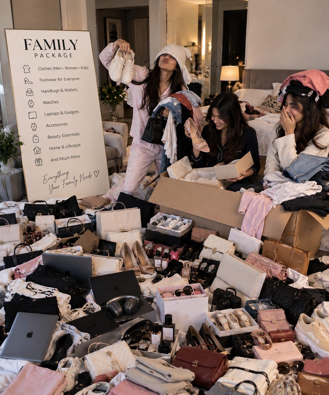 A family package unboxing — clothing, footwear, bags, watches and gadgets laid out across a bedroom